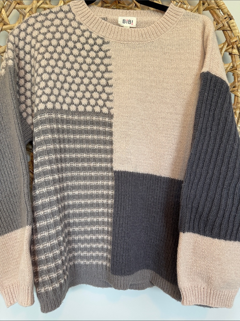 BiBi Patchwork Knit Sweater in Cream and Charcoal colors. - Picture 9 of 13